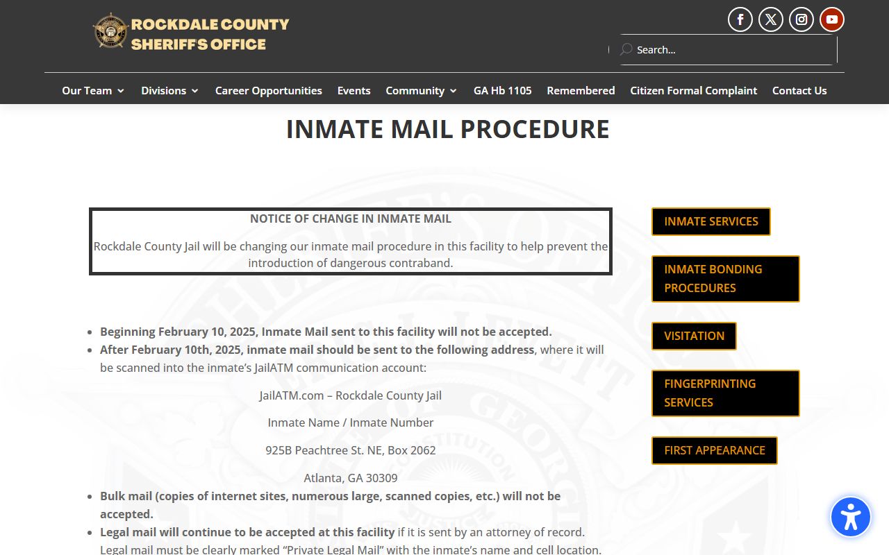 Rockdale County inmate search jail mail procedure and JailATM address