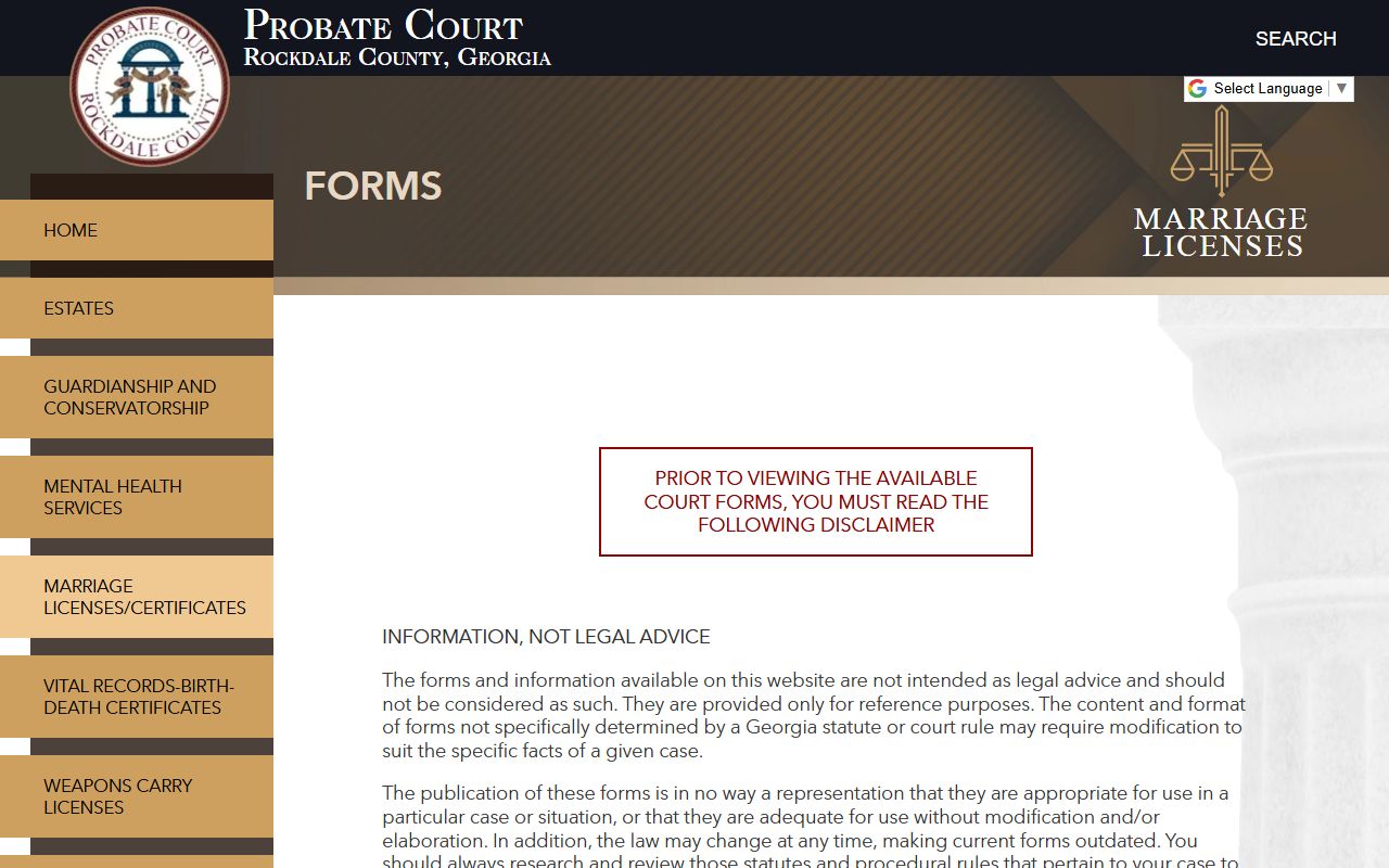 Rockdale County marriage records Probate Court forms page